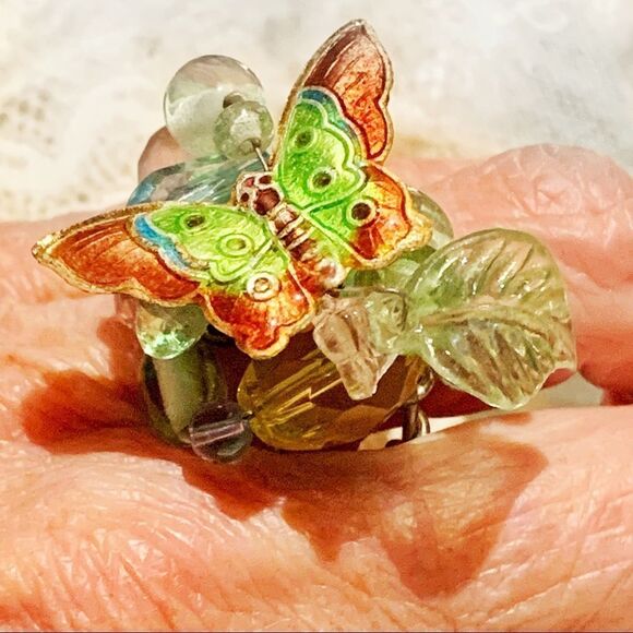 Vintage Artist made Cloisonné butterfly crystal wire ring sz11 - Picture 5 of 8